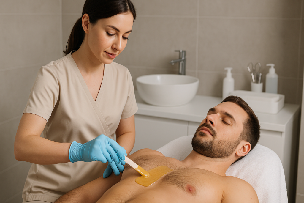 Mężczyzna w gabinecie kosmetycznym poddawany depilacji woskiem w Rzeszowie