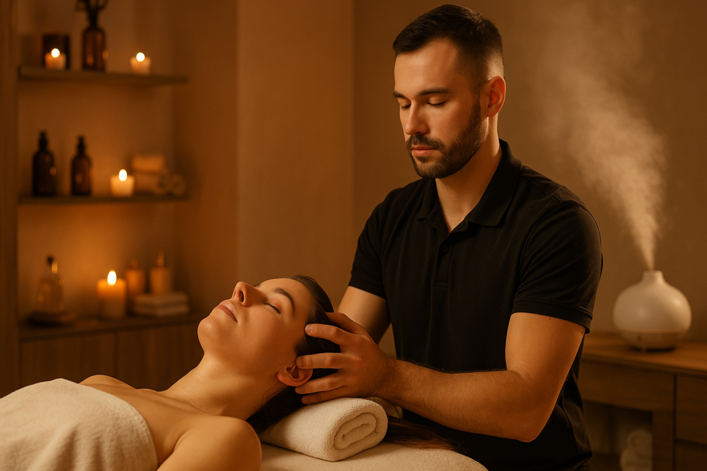 Terapeuta wykonuje relaksujący rytuał Head Spa w Rzeszowie