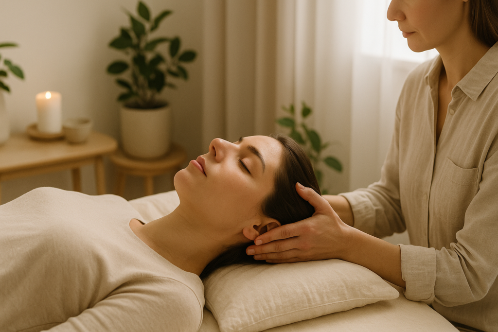 Osoba podczas relaksacyjnej sesji Access Bars wspierającej wyciszenie przy stresie i wypaleniu zawodowym