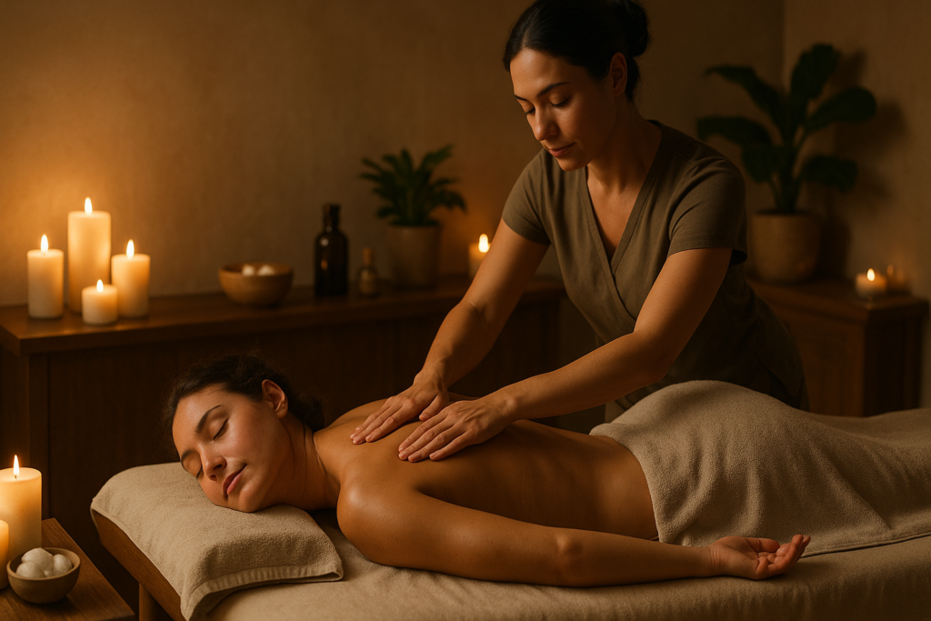 Relaksacyjny masaż Lomi Lomi wykonywany w spokojnym wnętrzu spa