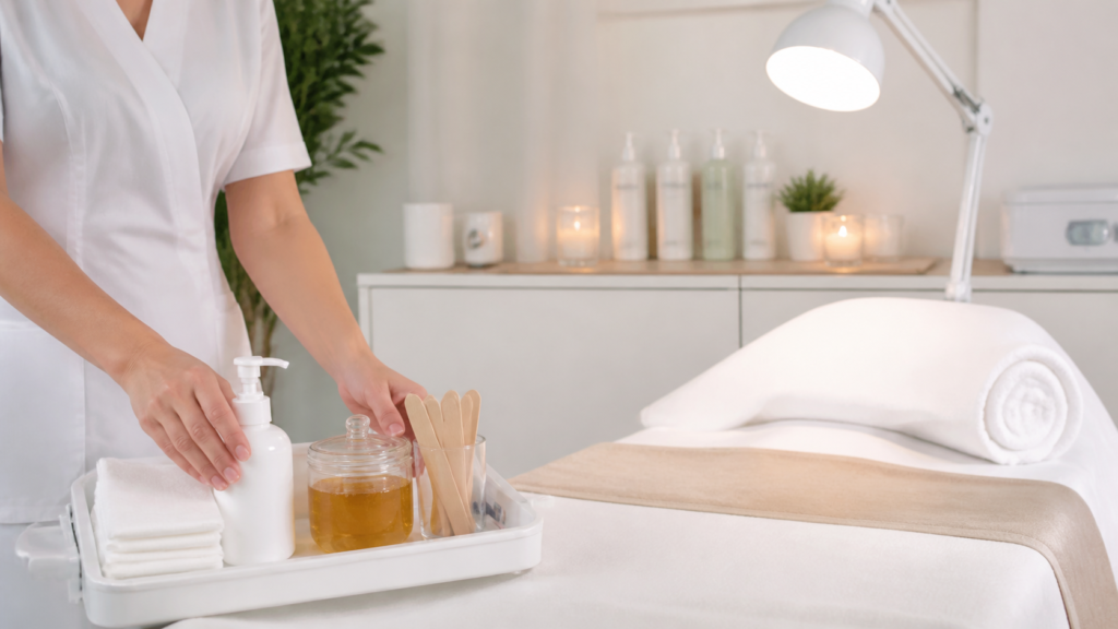 Przyjazne stanowisko w salonie beauty przygotowane do depilacji miejsc intymnych woskiem